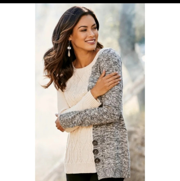Soft Surroundings Adieu Button Sweater Two Tone Cable Knit Fisherman Boho Cotton - Picture 1 of 8